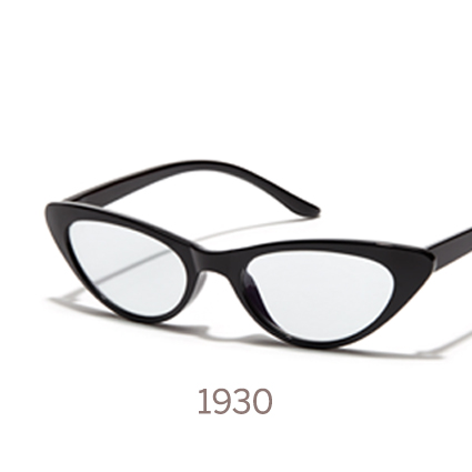 Black cat-eye sunglasses with text "1930" below.