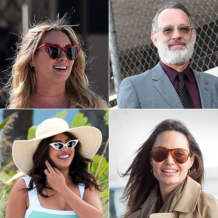Four individuals wearing different styles of sunglasses, including cat-eye, aviator, and oversized.