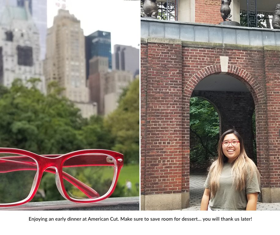 Red glasses in front of cityscape, person with red glasses standing under brick arch. Text: "Enjoying an early dinner at American Cut. Make sure to save room for dessert... you will thank us later!"