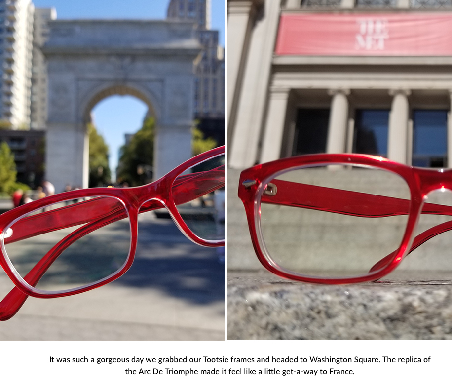 Red eyeglasses with clear lenses. Text: "It was such a gorgeous day we grabbed our Tootsie frames and headed to Washington Square. The replica of the Arc de Triomphe made it feel like a little get-a-way to France."