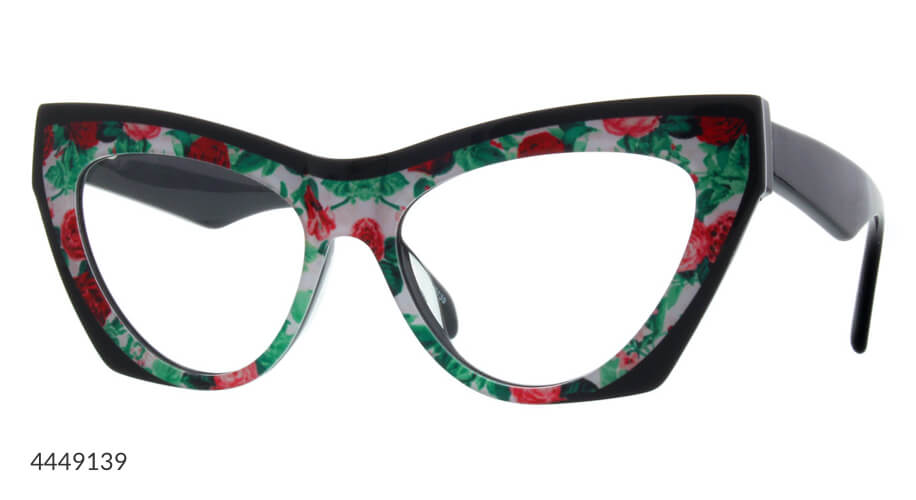 Cat-eye glasses with floral-patterned frame. Text: 4449139.