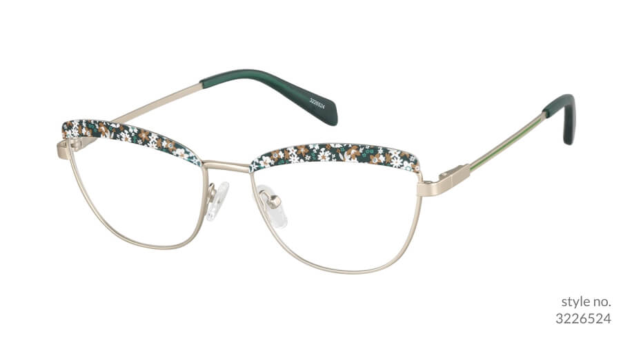 Eyeglasses with floral-patterned top rim, thin gold frame, green earpieces, style no. 3226524.