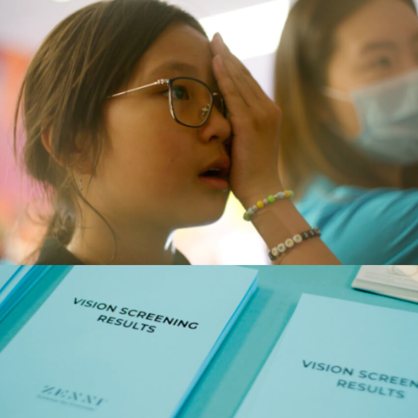 Child undergoing vision test, covering one eye. Below are blue folders labeled "VISION SCREENING RESULTS."