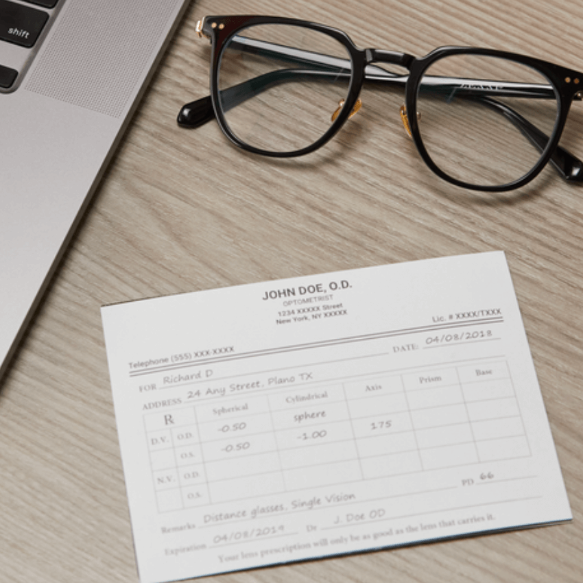 Glasses next to an eye prescription from John Doe, O.D., for Richard D. Spherical -0.50, Cylinder -1.00, Axis 175.