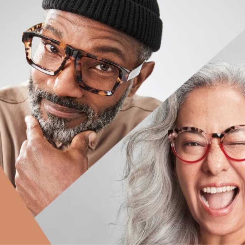 Two people wearing stylish glasses; one with thick, tortoiseshell frames, the other with pink-framed glasses.