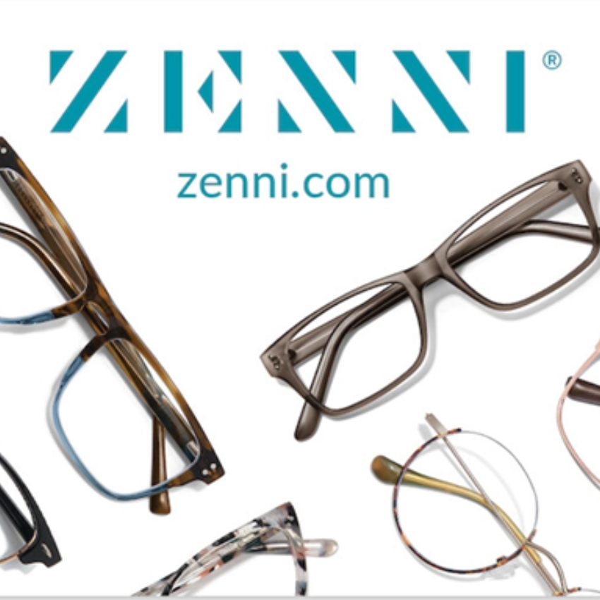 Zenni eyewear in various styles. Text: ZENNI, zenni.com.