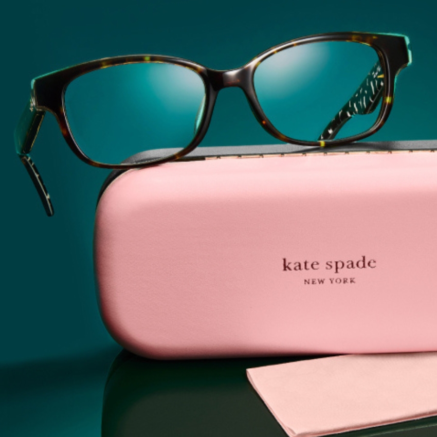Kate Spade New York tortoiseshell eyeglasses with pink case and pink cleaning cloth.