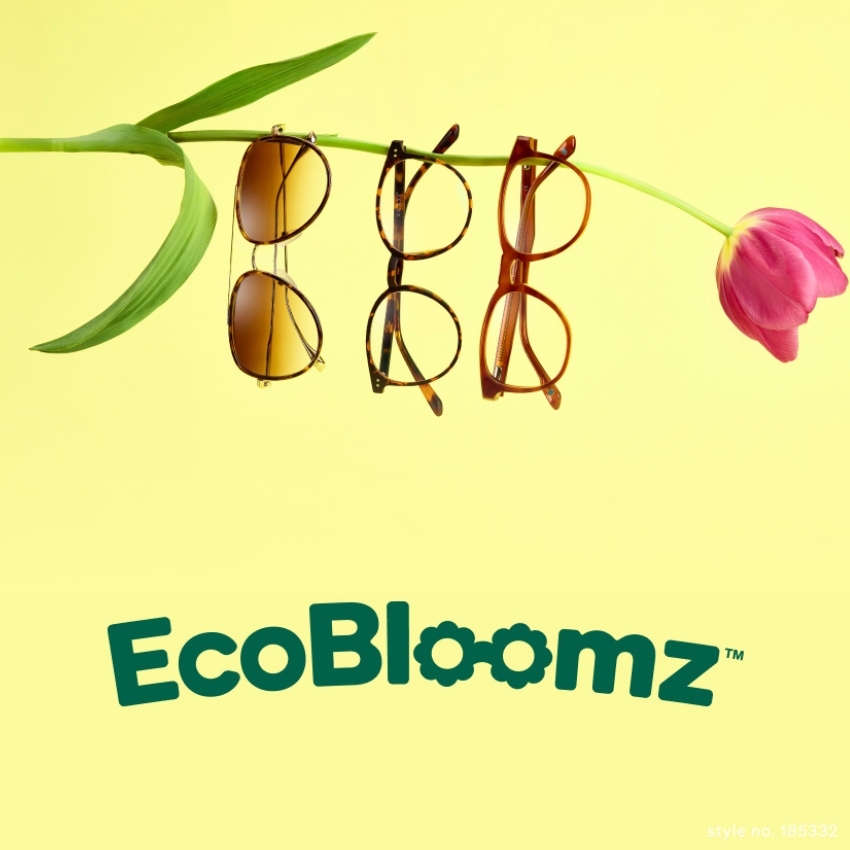 Three pairs of eyeglasses hanging from a tulip, text: EcoBloomz, style no. 185332.
